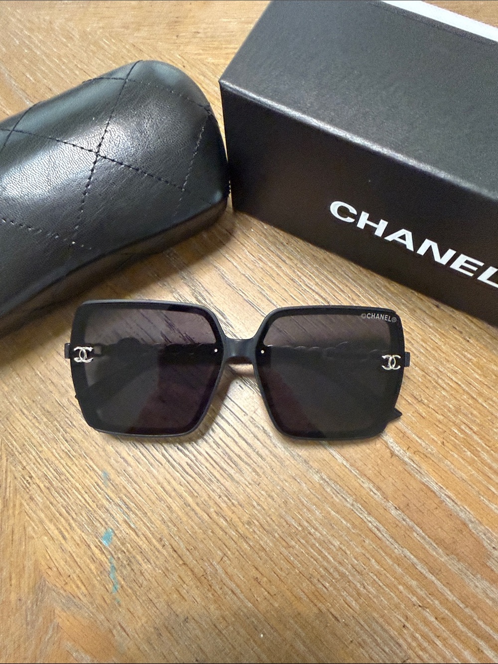 CHANEL Black & Silver Oversized Square Chain-Accent Sunglasses - Picture 4 of 9